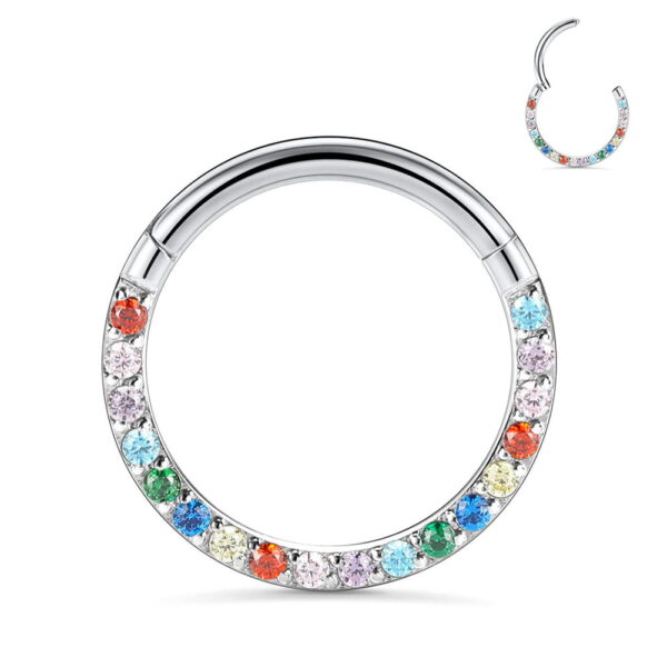 16G Colorful Silver Gold Front CZ Hinged Segment Septum Ring